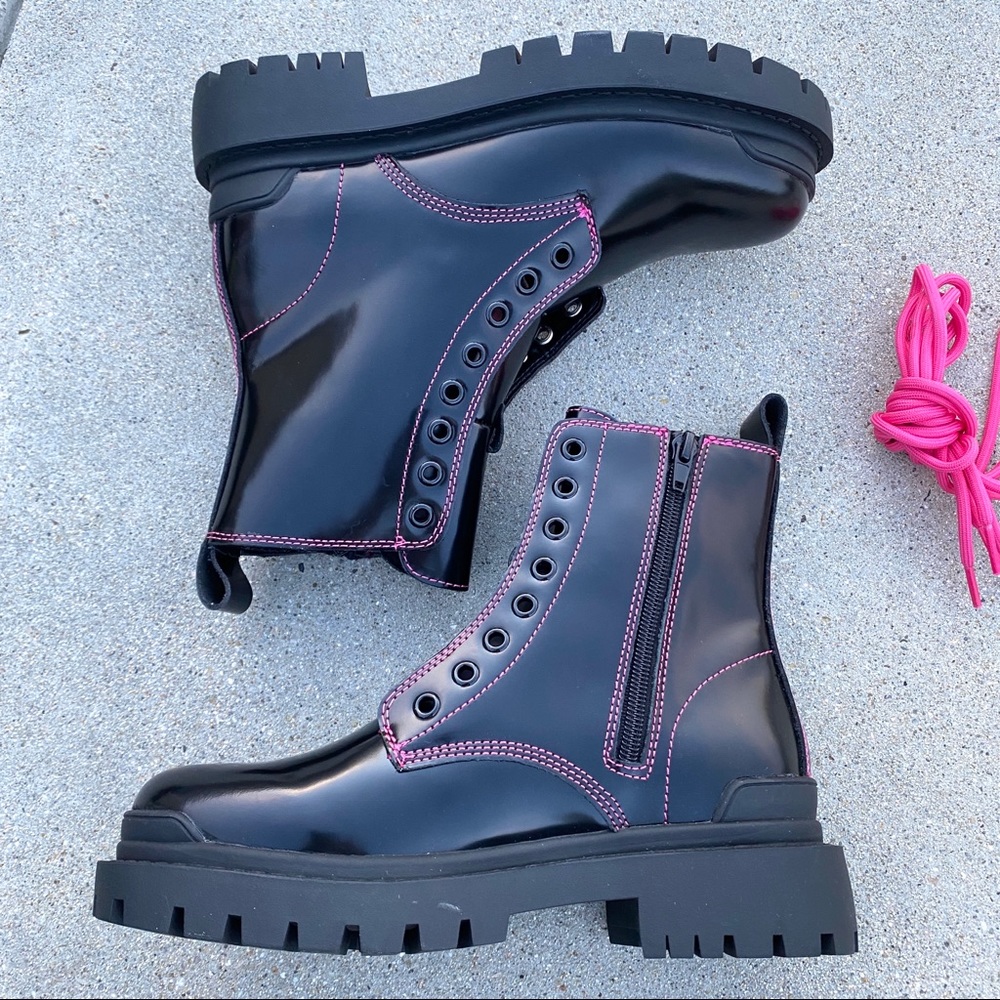 AQUA Combat Boots Ankle booties Quinn black patent neon pink lace up Moto combat - Picture 8 of 12